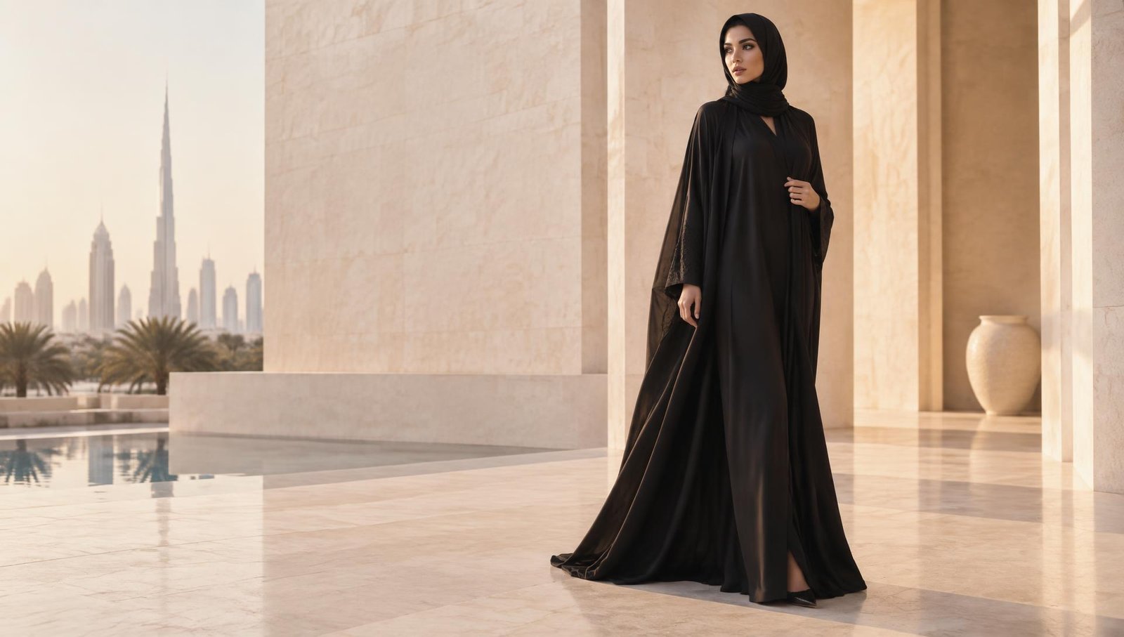 Model wearing a flowing black abaya in Dubai